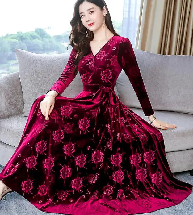 

2019 Autumn New Arrival High Quality Elegant Hot Sale V Collar Woman Pleuche Long Dress Plus Size M-3XL