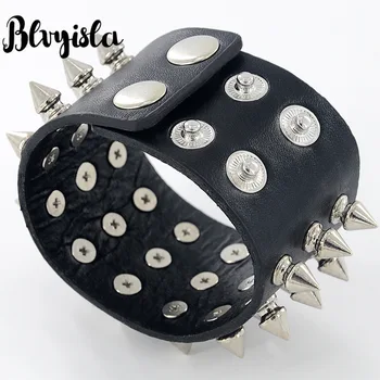 

Retro Black PU Leather Steam Punk Stylish Trend Rivet Men Bracelet Alloy Snap Adjustable Bangles Hiphop Rock Dance Bracelets