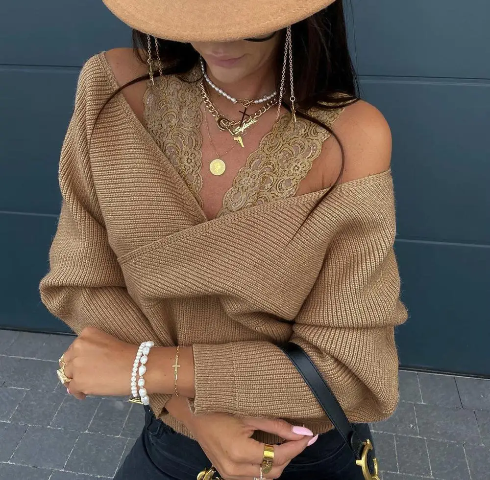 

Sexy Women Spring Autumn T-Shirts Patchwork Design Lace Sling Decor Halter Long Sleeve Solid Color Casual Loose Pullovers Tops