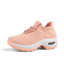 2020 New Fashion Comfortable Tennis Shoes Women Air Mesh Soft Elastic High Platform Pink Black Sneakers Gym Flats Women Shoes