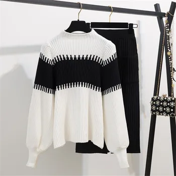 

2020 Two Piece Set Sweater 2 Piece Set Women Long Sleeve Top And black Skirt Autumn winter Sets