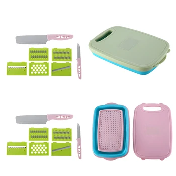 

Nine in One Foldable Drain Basket Cutting Board Set Includes 1x Drain Basket 1x Cutting Board 1x Garlic Grinder 2x Cutter 4x Dif