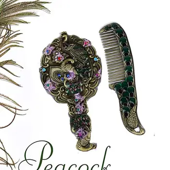 

Vintage Vanity Set Mirror Comb Set Peacock Flower Pattern Hand Painted Mirror Comb Brass Make Up Retro Makeup Mirror