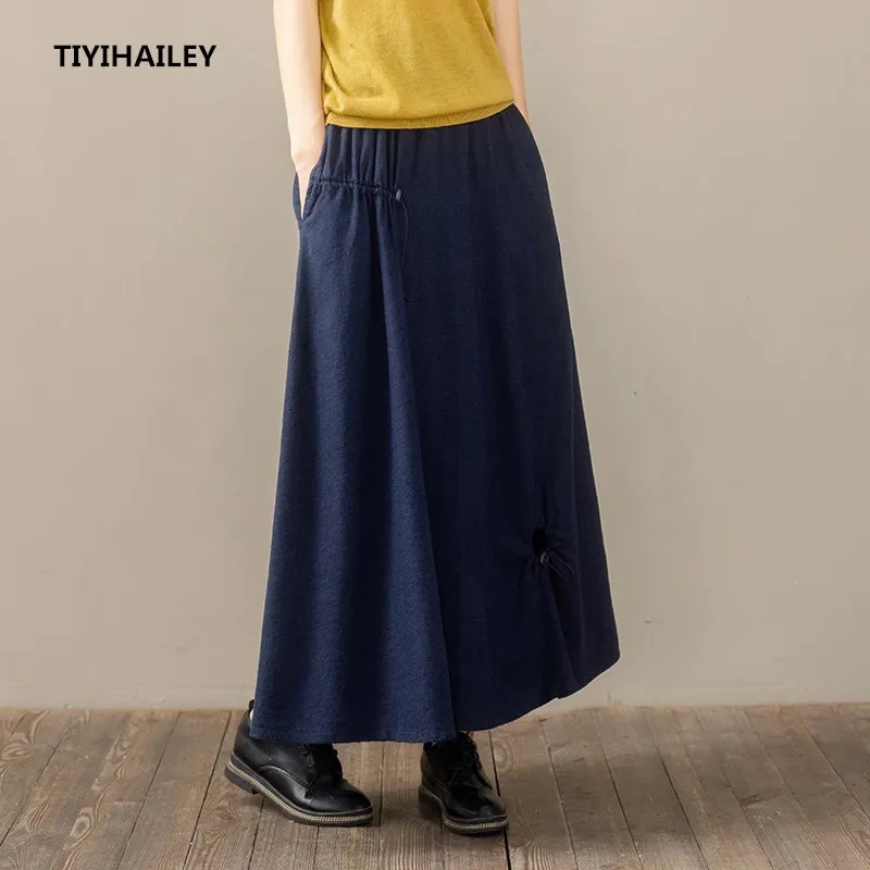 TIYIHAILEY Fashion Free Shipping 2020 New Vintage Long Maxi A-line Skirts Women Elastic Waist Spring Autumn Linen Blue Skirts glitter bling liquid sparkle fashion flowing quicksand tpu case for iphone 13 pro 6 1 inch silver blue stars