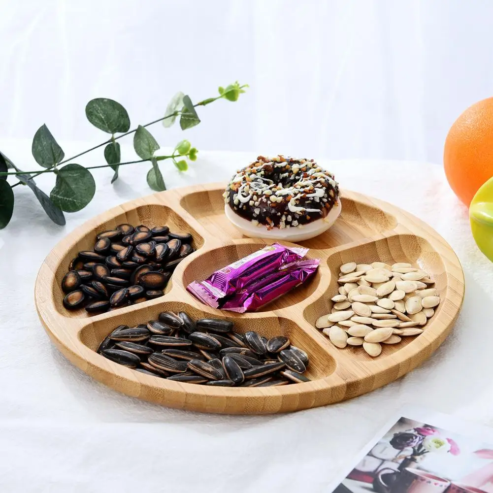 나무 원형 과일 스낵 빵 견과류 다과 홀더 보관 플레이트 정리 보관 트레이, 5 그리드