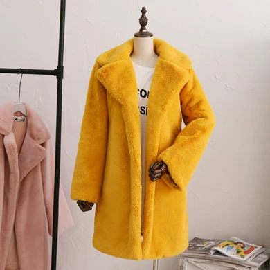 Yellow Savabien/пальто с отложным воротником и длинными рукавами из розового искусственного меха кролика, мягкая теплая меховая куртка, Повседневная офисная Праздничная верхняя одежда - Цвет: Yellow