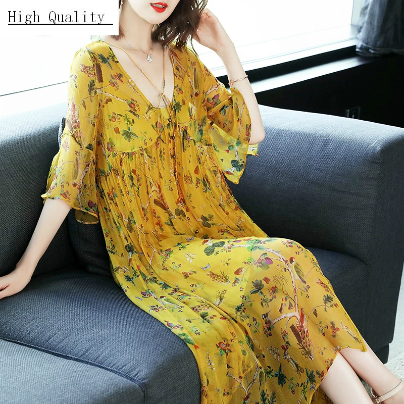 Zijde Zomer Jurk Vrouwen Lange Party Jurk Strand Casual Kleding Elegante Dames Print Bloemen Jurken Vestidos Verano LWL1549 Zijde Zomer Jurk Vrouwen Lange Party Jurk Strand Casual Kleding Elegante Dames Print Bloemen Jurken Vestidos Verano LWL1549