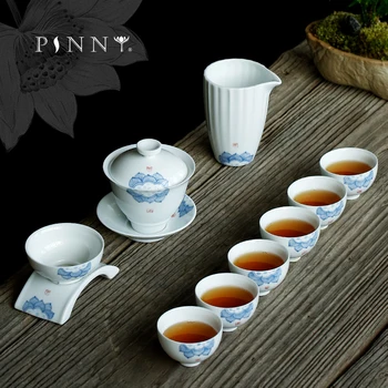 

PINNY Hand Painted Lotus Kung Fu Tea Sets Jingdezhen White Porcelain Drinkware Traditional Chinese Tea Ceremony Decorations