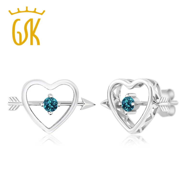 GemStoneKing 0,26 карат круглые 3 мм натуральный Лондонский Голубой топаз 925 пробы серебряные серьги-гвоздики в форме сердца для женщин