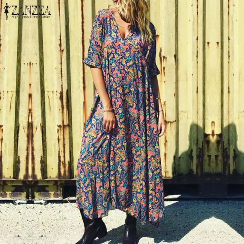 

ZANZEA 2019 Bohemian Printed Midi Dress Women's Summer Sundress Casual V-Neck Flare Sleeve Vestidos Female Ruffle Party Robe