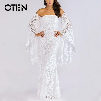 

OTEN 2019 Formal Dress Women Elegant Strapless Sexy Lace Hollow Out Evening Party Robe Pencil Bride White Off Shoulder Backless
