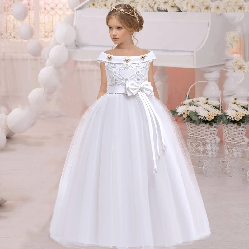 Movilizar Azul tsunami Vestido de dama de honor largo con un hombro para niña, traje con lazo,  color blanco, fiesta de princesa, boda, verano, 2023 _ - AliExpress Mobile