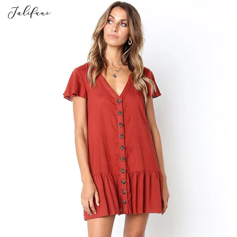 

Button Summer Dress 2019 Women Casual Polyester A Line Solid Color V Neck Mini Dress Ladies Ruffle Summer Short Beach Sundress