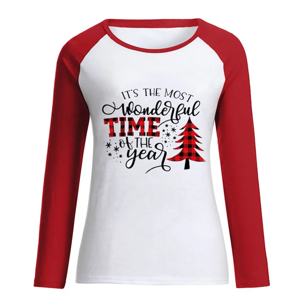 Christmas Tree Letter Print T Shirt For Women Xmas Merry Christmas New Year T Shirt Ladies Patchwork Pullover Tops T-Shirts