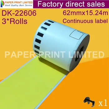 

3 Refill Rolls Compatible DK-22606 Label Yellow Film Coated 62mm*15.24M Continuous Compatible for Brother Label Printer DK-2606