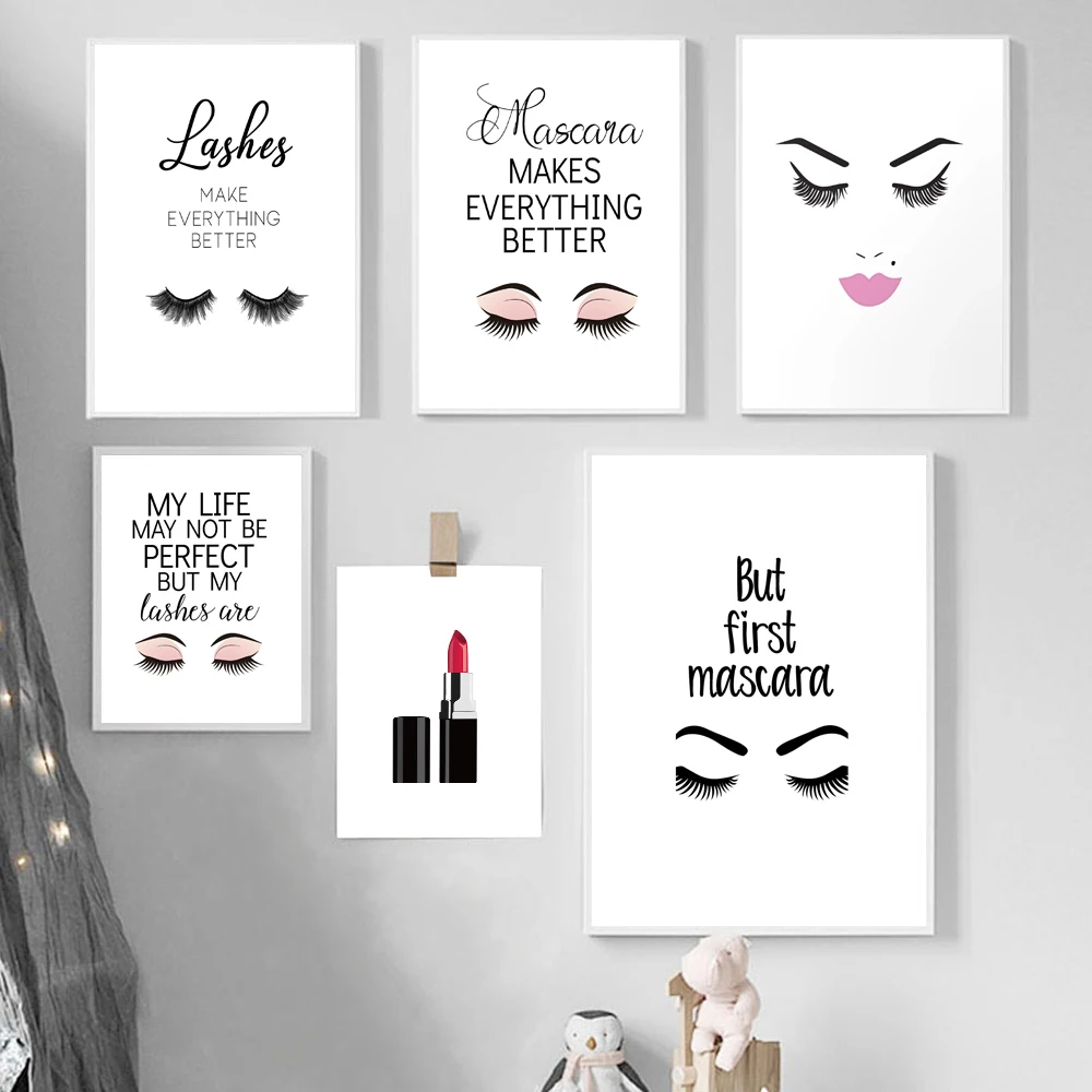 

Lashes Makeup Quote Canvas Art Prints Poster Eyelashes Lipstick Canvas Painting Wall Picture for Salon Lashes Studio Decoration