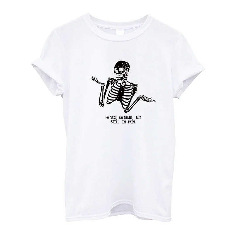 Женская футболка с черепом в стиле панк-рок, футболка с графическим принтом Femme Cool в виде скелета на Хэллоуин, футболки с принтом, хлопковые топы с круглым вырезом, унисекс, Прямая поставка - Цвет: P2061White