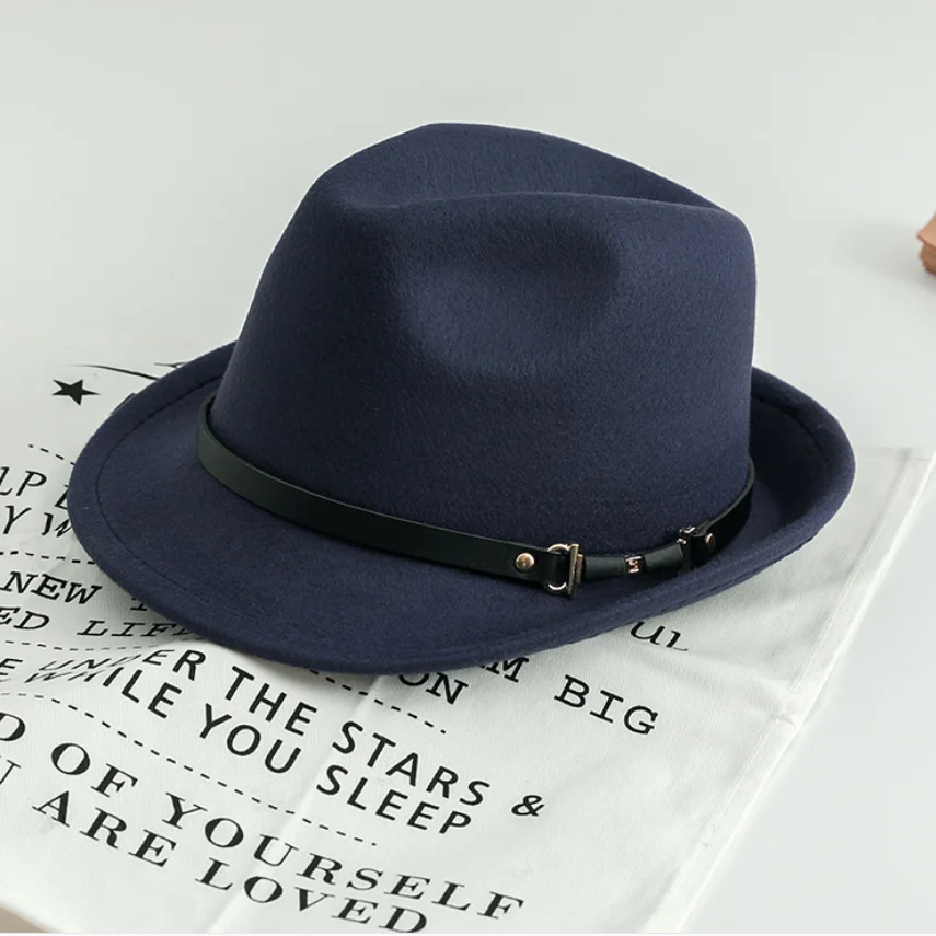 navy fedoras Женская мода джаз шляпа осень зима полушерстяная Кепка открытый пояс Кепка с пряжкой - Цвет: navy