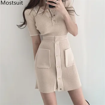 

2020 Summer Korean Knitted 2 Piece Skirt Suits Sets Women Short Sleeve Tops + Single-breasted Mini Skirt Vintage Fashion Sets