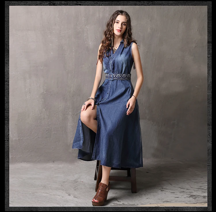 Vintage Summer Tank Dress 2019 Slim Waist Women Dresse Denim Vestidos V-Neck A-Line Sleeveless Belted Sundresses K82093 (16)