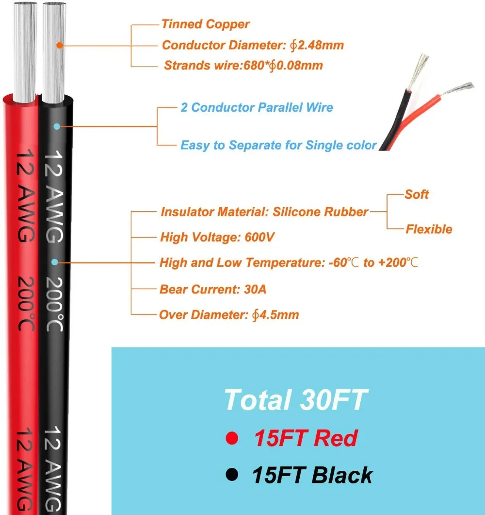 12 awg Электрический провод с силиконовой оплеткой 2 проводника параллельный провод линии 9 м [Черный 4,5 м красный 4,5 М] крюк вверх кислородная луженая медь