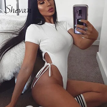 

Shevan Ribbed Sexy Bodysuit Women High Waisted Knitted Short Sleeve O Neck Summer White Bodysuit Women
