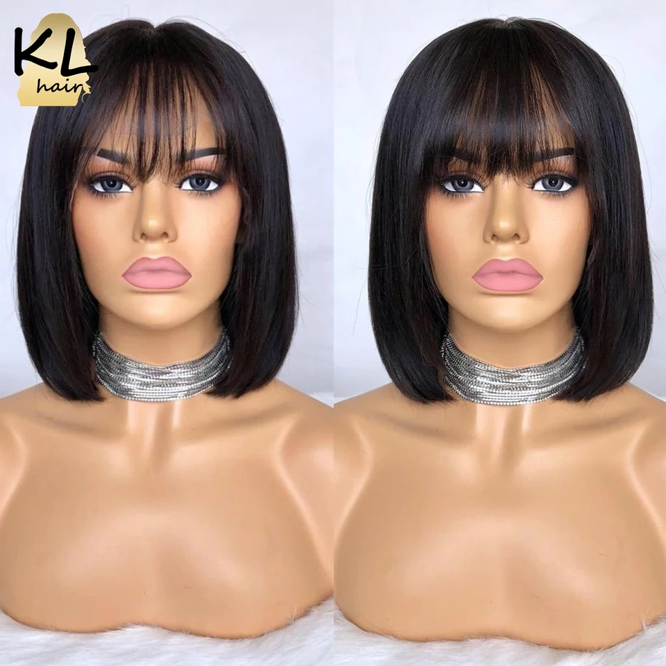 KL Hair 13*4 парик фронта шнурка человеческих волос с челкой бразильский Реми прямой