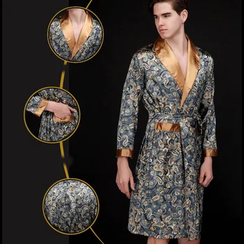 

Men silk robe with faux silk print Simulation Silk Print Pajamas Lingerie Robe Bathrobe Dressing Gown bathrobe bath robe #THY