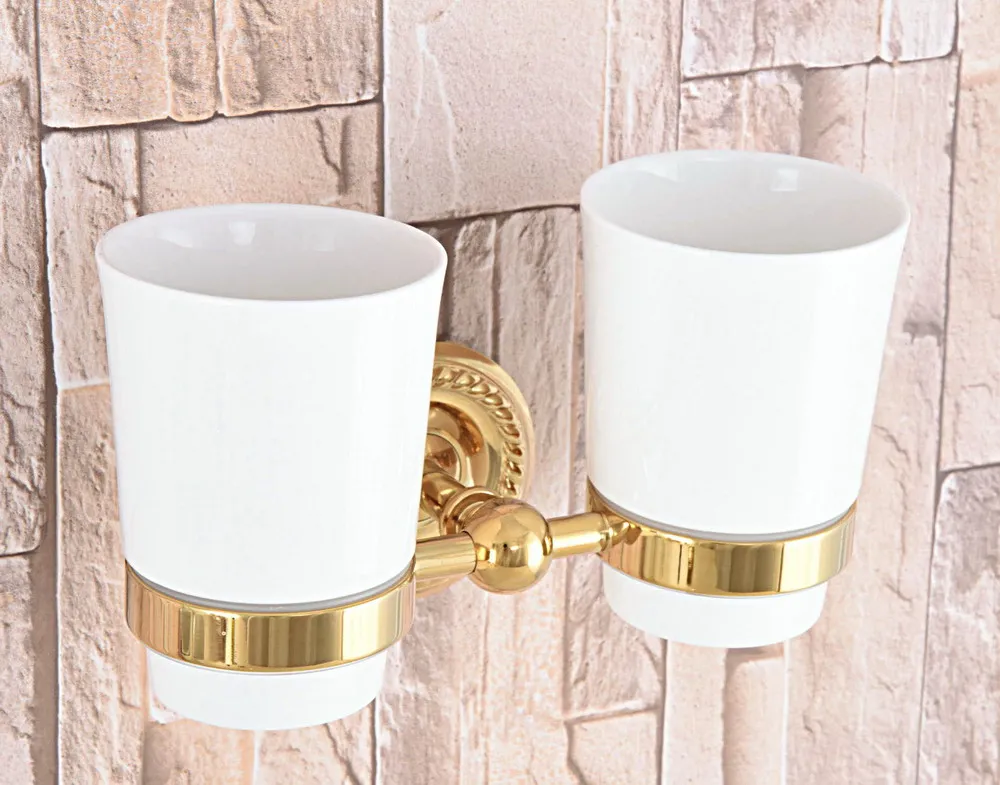 Полированный золотой цвет латунный набор аксессуаров для ванной комнаты оборудование для ванной полотенце бар мыльница держатель туалетной бумаги крючок для халата mm006 - Цвет: Dual Cups Holder