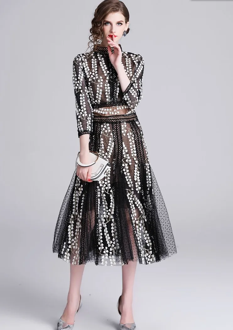 

2019 New women's quality design lace slim dresses office lady casual sleeve fashion elegant vestidso big size 2XL dress girls dinner clothing nice black autumn dress M L XL #A336