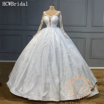 

Luxury Glitter Ball Gown Wedding Dresses Dubai Long Sleeves Crystals New Design Bridal Dress Custom Made Robe De Mariee Real