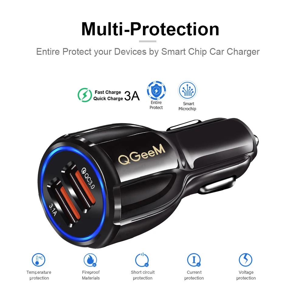 Автомобильное зарядное устройство QGEEM с двумя портами USB QC 3 0 быстрая зарядка