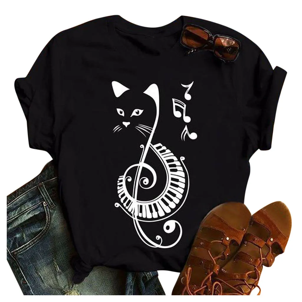 

Women's musical note cat print short sleeve round neck top summer fashion comfortable cat print t-shirt short sleeve casual 04*