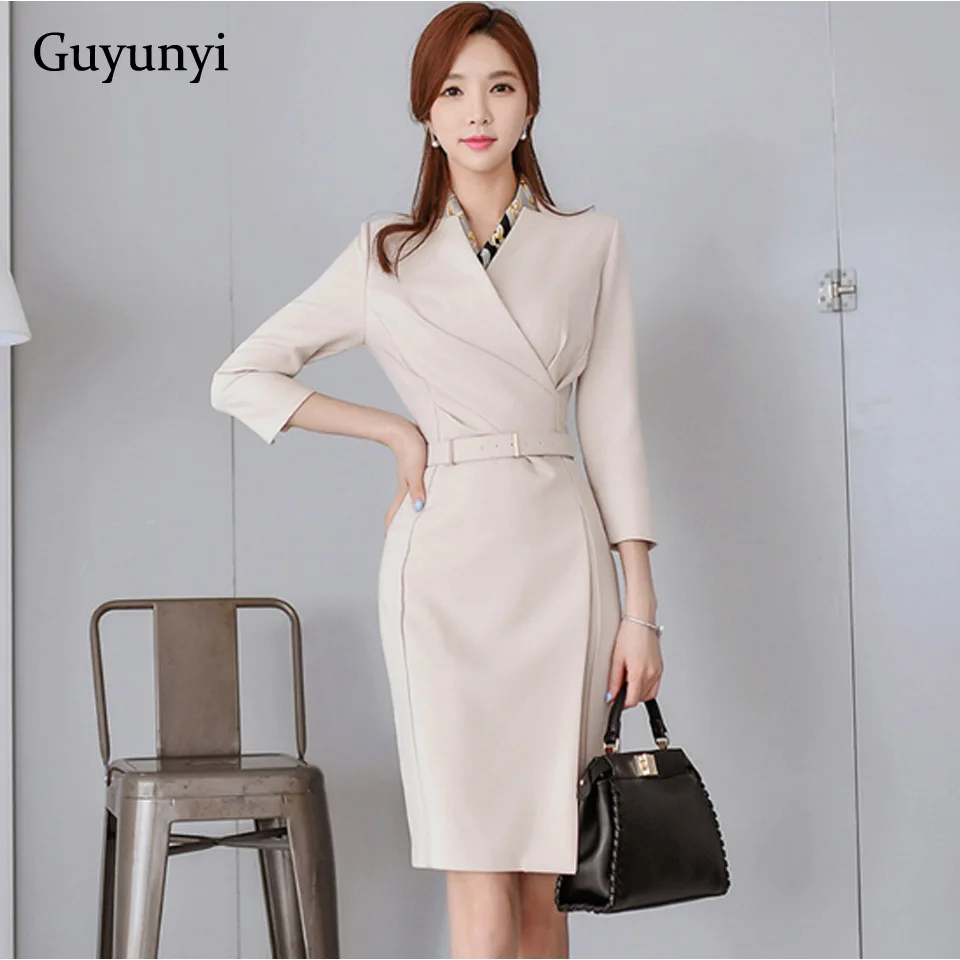 

Elegant Office Lady Dress 2019 Autumn Asymmetry High Waist Decorative Belt Solid Color Temperament Party Dress Women