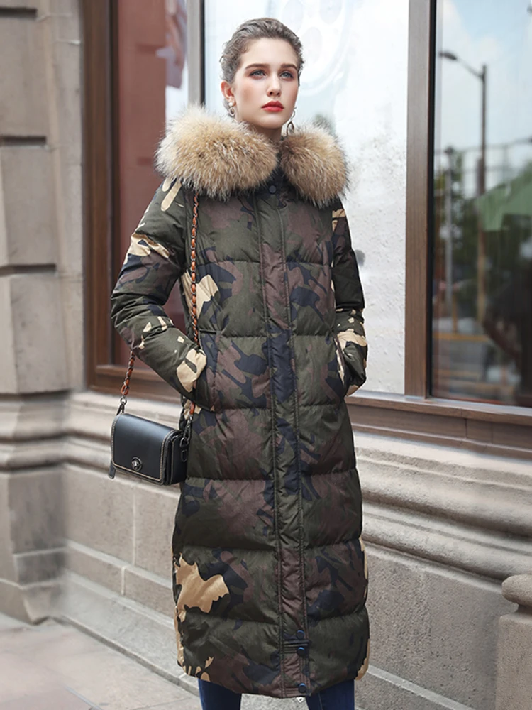 Новинка, модное женское пальто на утином пуху, камуфляжная расцветка, натуральный мех, с капюшоном, куртка для леди, женская зимняя одежда, Макси Длинная xxl