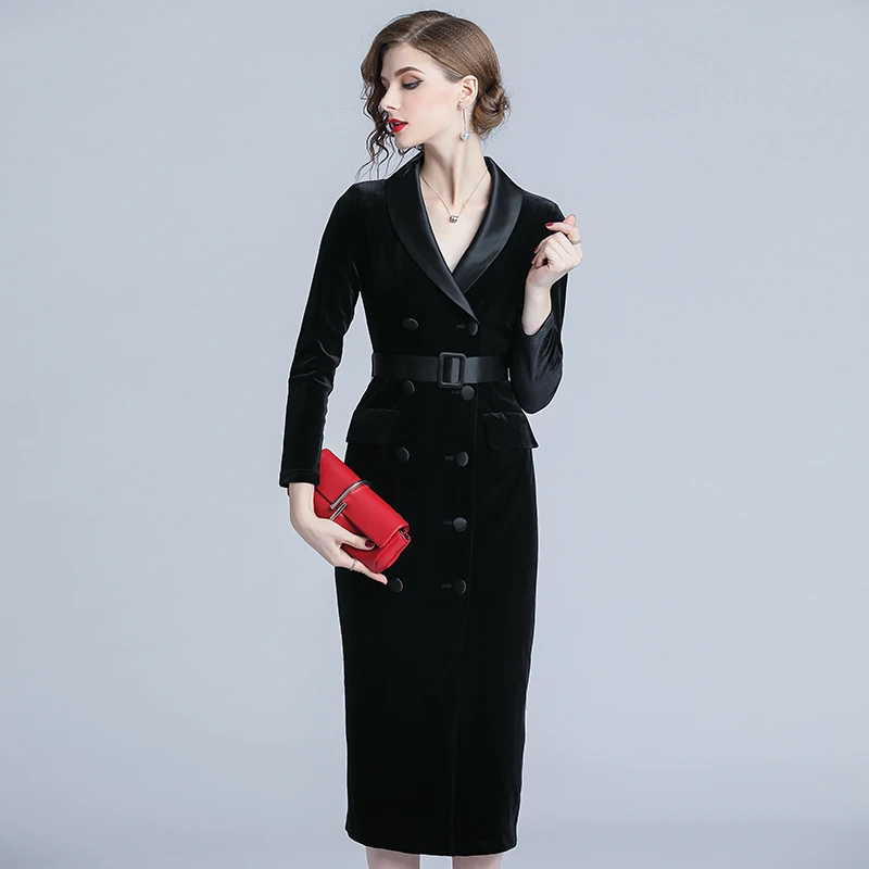 New Autumn Fashion Double-breasted Velvet Dress Women Winter Long Sleeve Blazer Collar Ladies Office Wear Bodycon Party Dress