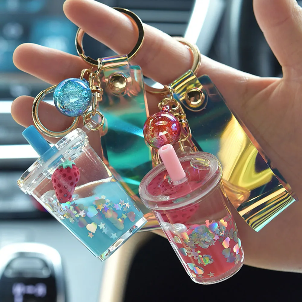Floating Fruit Avocado Keyring Acrylic Milk Tea Cup Keychain Moving