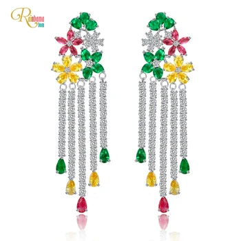 

Rainbamabom 925 Solid Sterling Silver Created Moissanite Gemstone Wedding Engagement Fine Jewelry Tassel Drop Dangle Earrings