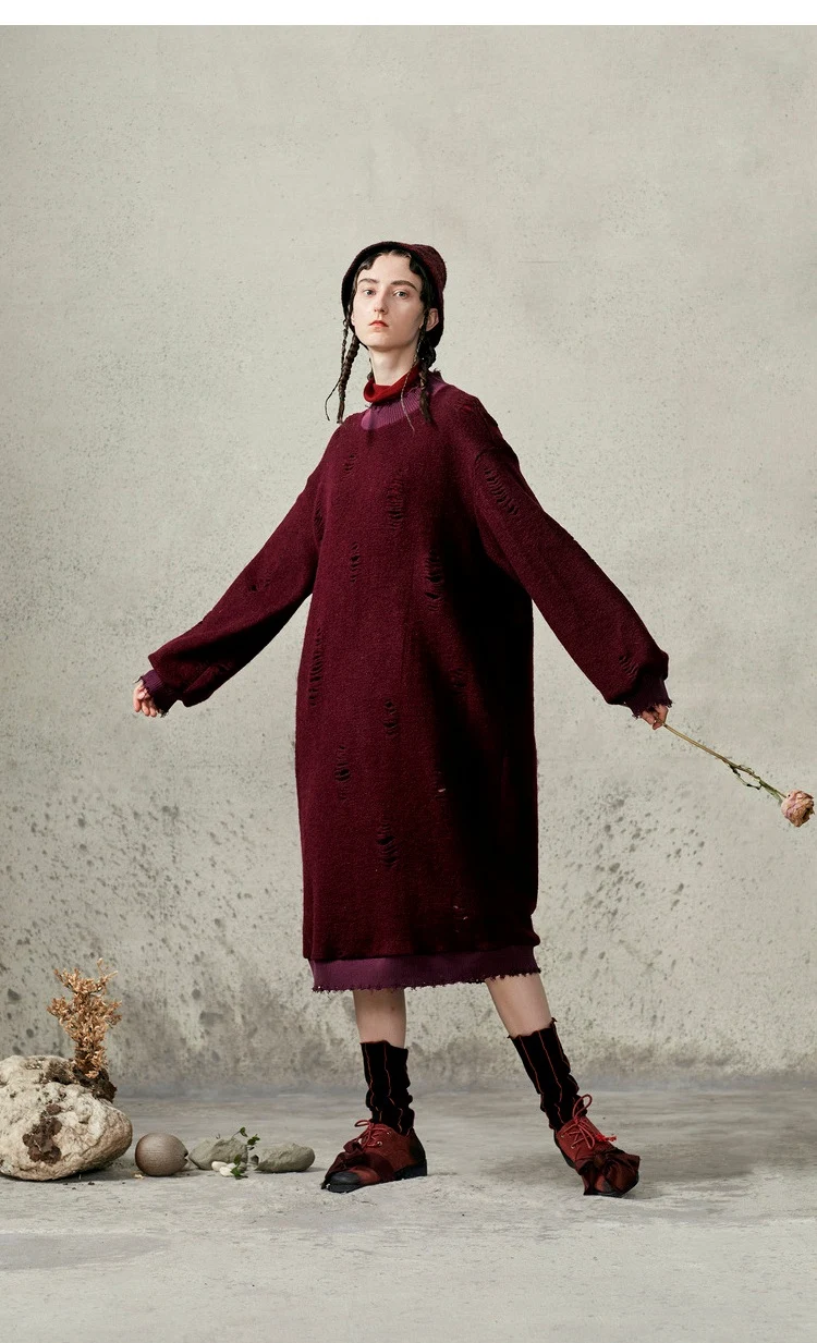 [11,11] IRINACH92 зимняя новая коллекция женское длинное рваное шерстяное платье