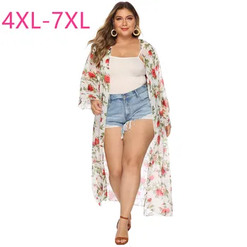 

Spring summer new plus size long cloak for women large long sleeve loose flower chiffon thin cardigan coat white 4XL 5XL 6XL 7XL