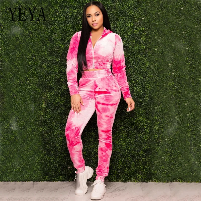 

YEYA Woman Sportwear Tie Dye Print Two Piece Set Zipper Hoodies Tops Jogger Pants Suit Tracksuit Autumn Matching Set Outfits