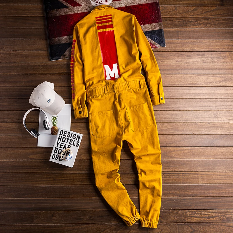 Men Spring Overalls Jumpsuit Cotton Letter Print Beam Feet Coverall Pants Multi Pocket Workwear Loose Trousers