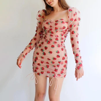 

2020 Spring Pink Sweet Women Dress Designer Square Collar Draped Mesh Drawstring Strawberry Pattern Sequined Elegant Mini Dress