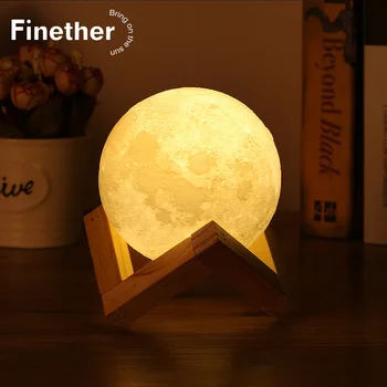 

Finether Moon Lamp Night 3D Printing Light USB Recharge LED Table Nightlight Lamp with Wooden Stand Home Decor White Gifts