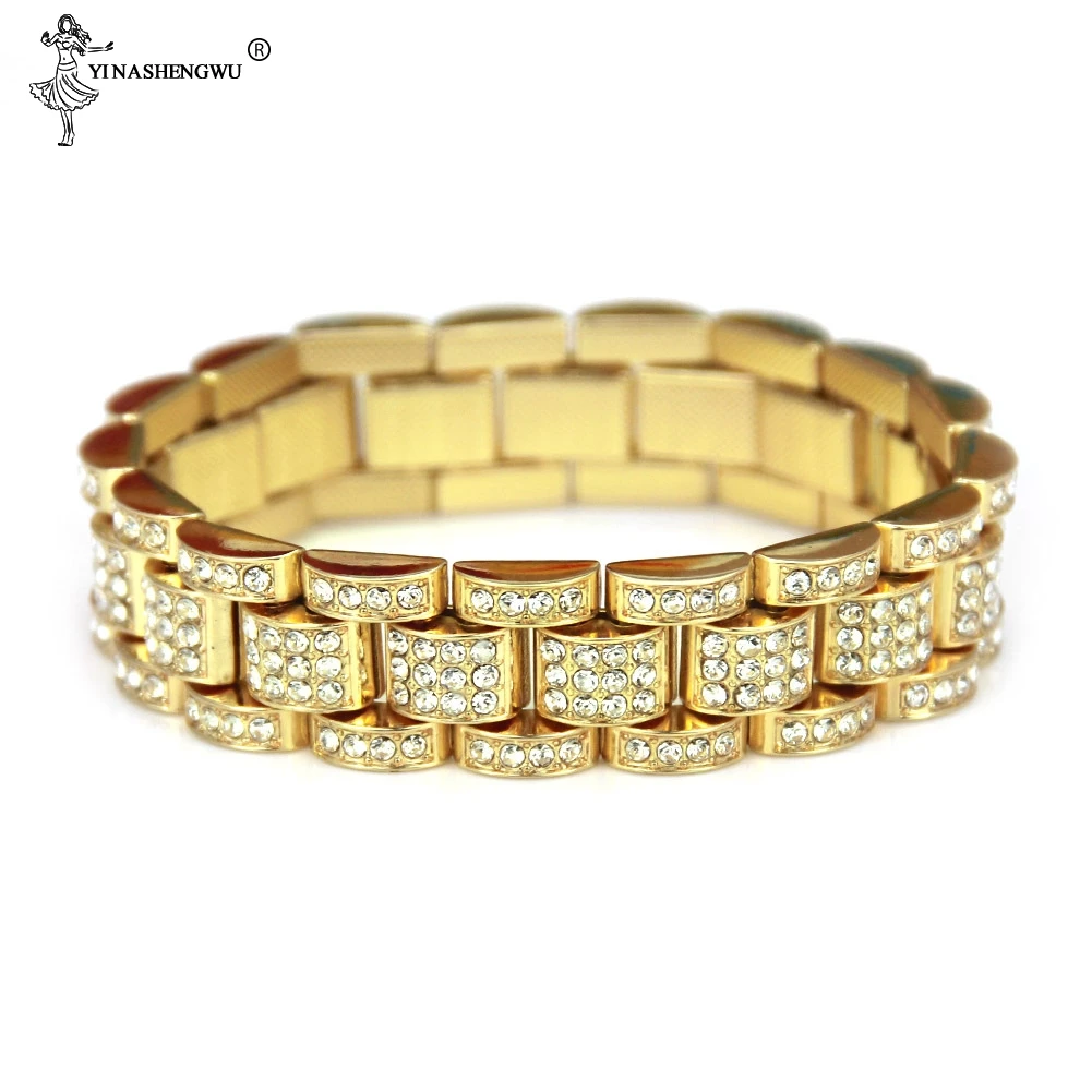 Хип-хоп Золото Серебро 15 мм 8 дюймов Bling Iced Out кубинская звено цепи кристалл проложить мужской браслет браслеты для мужчин ювелирные изделия Pulsera