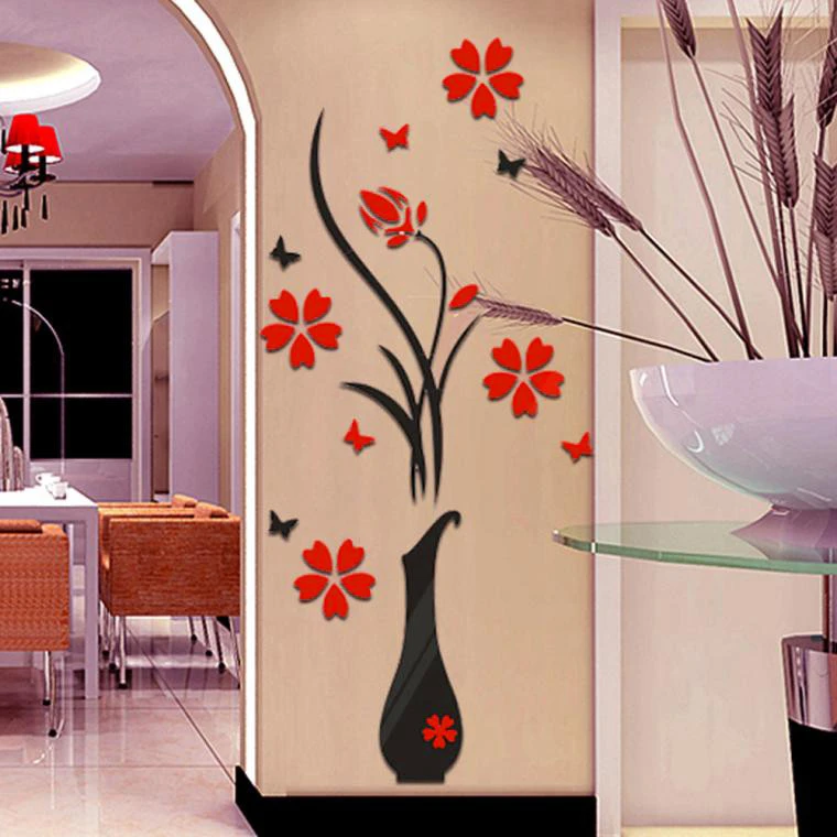 DIY Vase Flower Tree Crystal Arcylic 3D Wall Stickers Decal Home Decor Comfortable Warmth Quality Fashion elegant Creative 