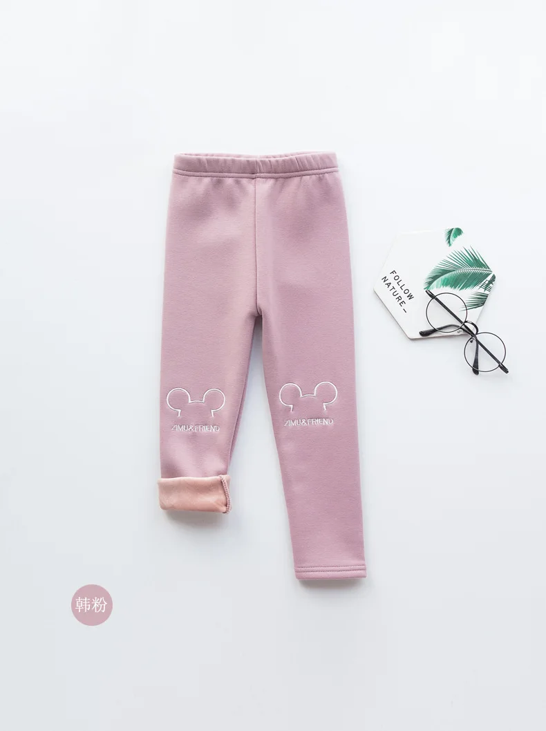 Зима, детские штаны, корейские милые леггинсы с вышивкой в виде мышки, штаны для девочек, детские теплые штаны - Цвет: Розовый