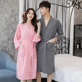 

Spring And Autumn Lovers Waffle Robe Gown Comfortable Waffle Sleepwear Nightgown Casual Soft Homewear Unisex Full Bath Gown