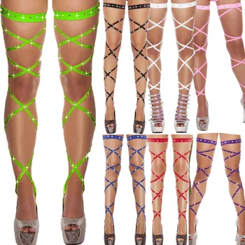 

Sexy Women Lingerie Bandage Fishnet Stockings Thigh-High Crystal Studded Thigh High Leg Rave Wraps Strappy Rhinestone Tights
