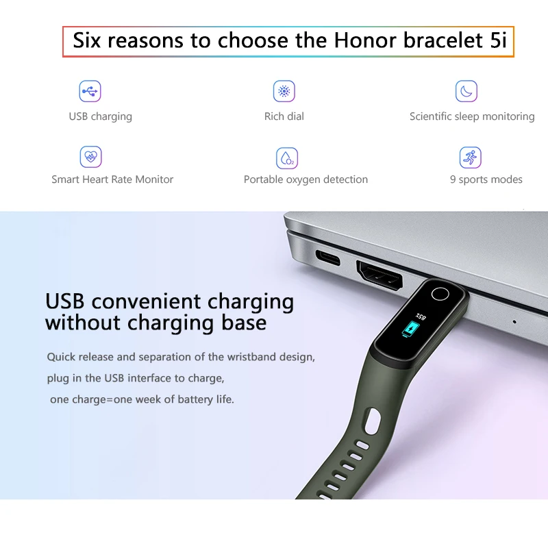 Браслет Honor Band 5i, умный браслет, зарядка через usb, контроль музыки, контроль уровня кислорода в крови, спортивный фитнес-браслет, бегущий трекер